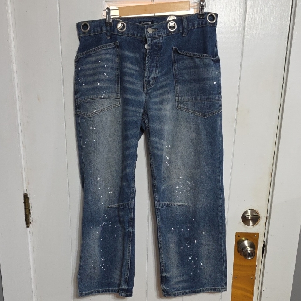 VTG Y2K Flamingals Womens Jeans Paint Splatter Wide Leg Button Fly Sz XL EUC